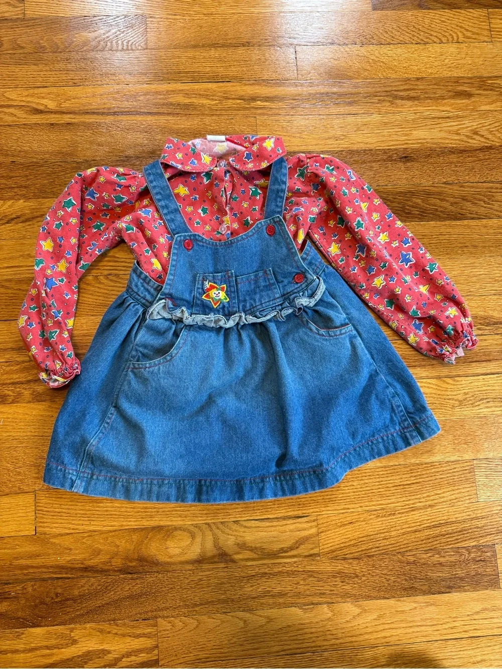 Vintage 90s Clown Denim Overalls Dress, Two Piece Stars Shirt Skirt (Youth 4)